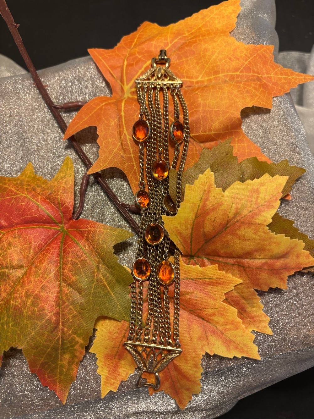 Vintage Coro Gold Tone Chain Bracelet with Amber Stones